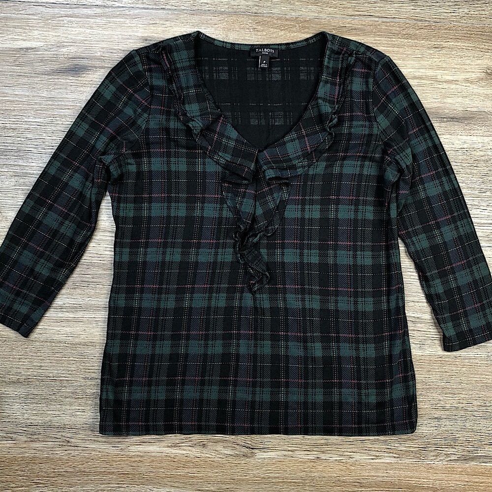 TALBOTS 90s Modal Green Plaid 3/4 Sleeve Ruffle Shirt sz SP